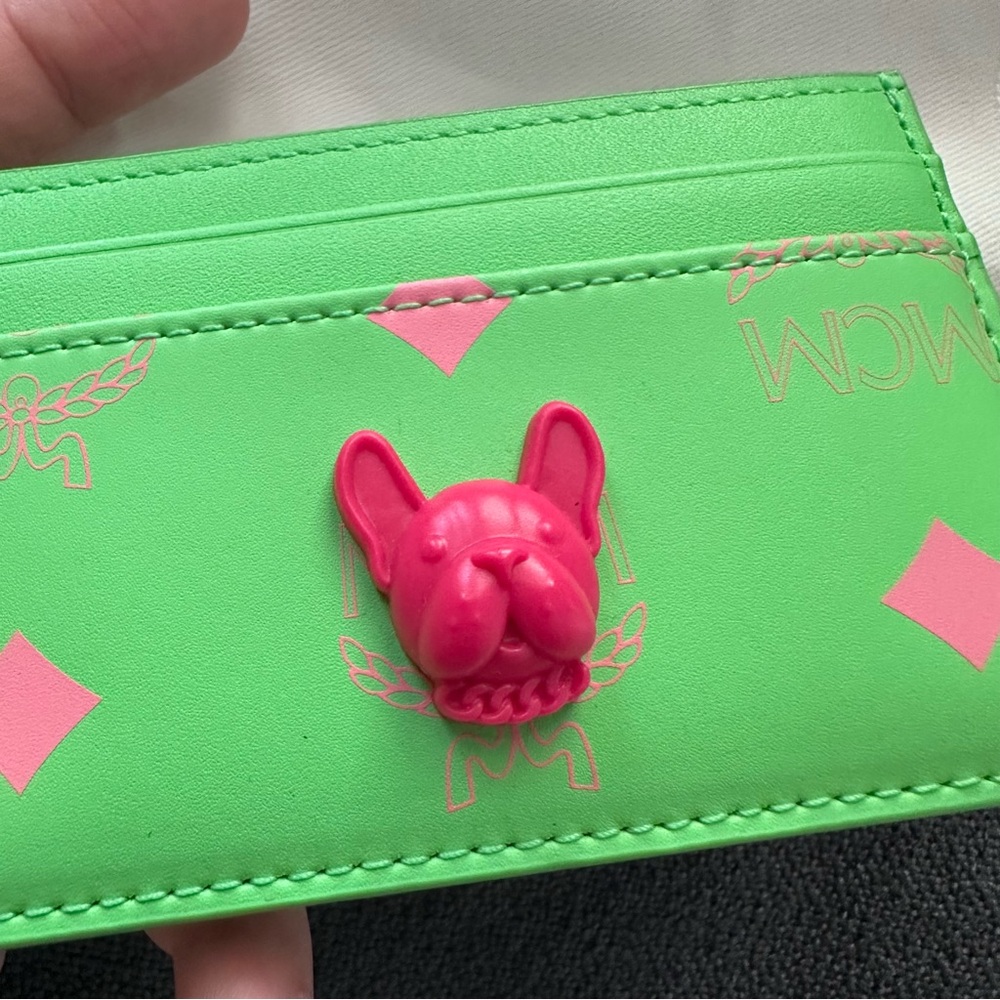 MCM Neon Green Card Holder with Pink Bulldog Accent